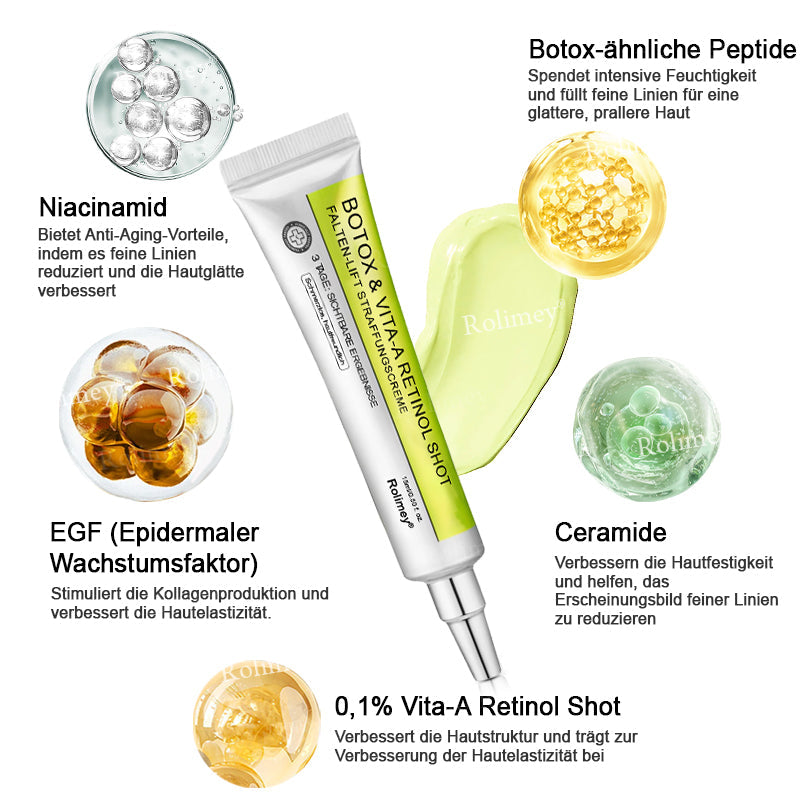 👨‍⚕️Jetzt jugendliche Haut zurückgewinnen 💫Rolimey® Botox & Vita-A Retinol Shot Falten-Lift Straffungscreme