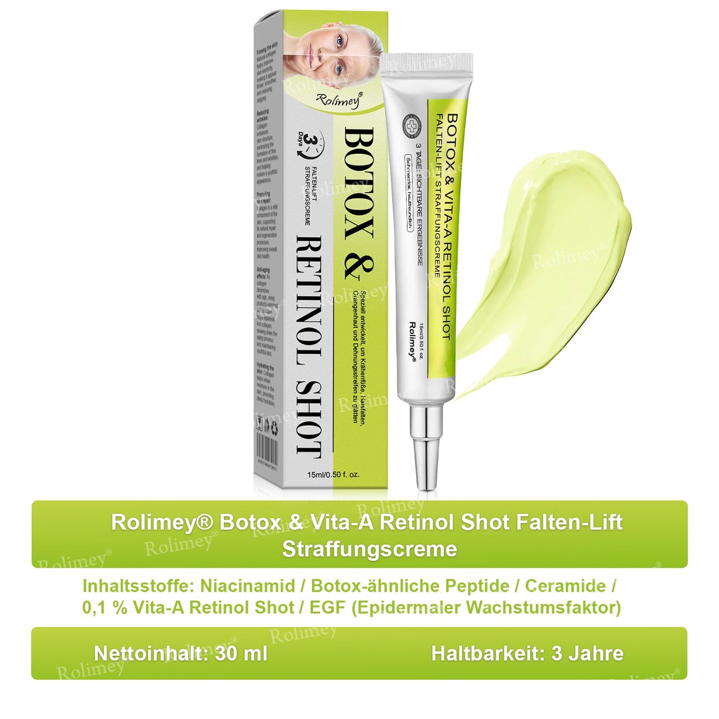👨‍⚕️Jetzt jugendliche Haut zurückgewinnen 💫Rolimey® Botox & Vita-A Retinol Shot Falten-Lift Straffungscreme