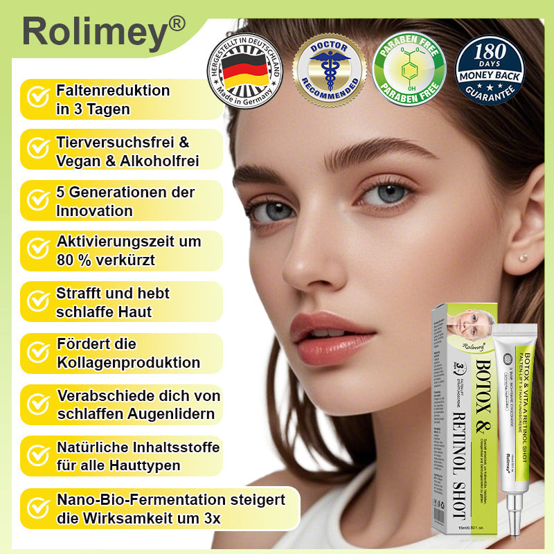 👨‍⚕️Jetzt jugendliche Haut zurückgewinnen 💫Rolimey® Botox & Vita-A Retinol Shot Falten-Lift Straffungscreme